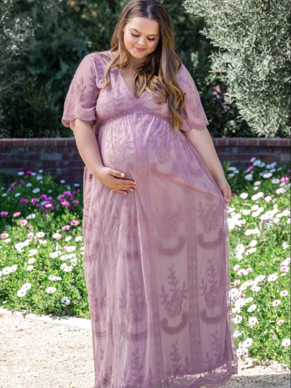 PinkBlush Mauve Lace Mesh Overlay Plus Maternity Maxi Dress 1X